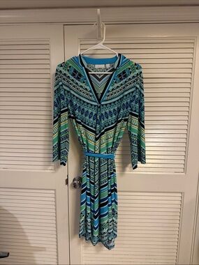 New York & Company Teal and Blue Geometric Wrap-Style Long Sleeve Dress